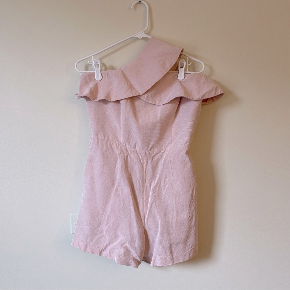 Bardot petal pink textured romper frills one shoulder pretty summer pockets